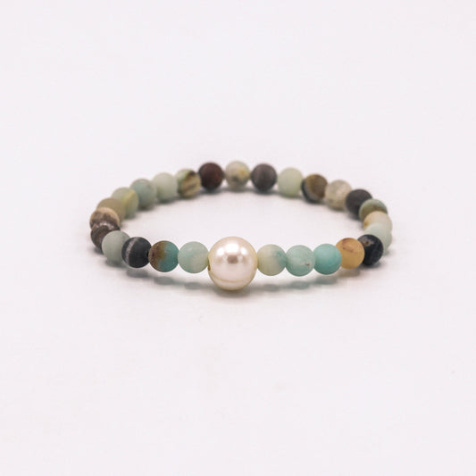 Gemstone Bracelet- Pearl + Matte Amazonite